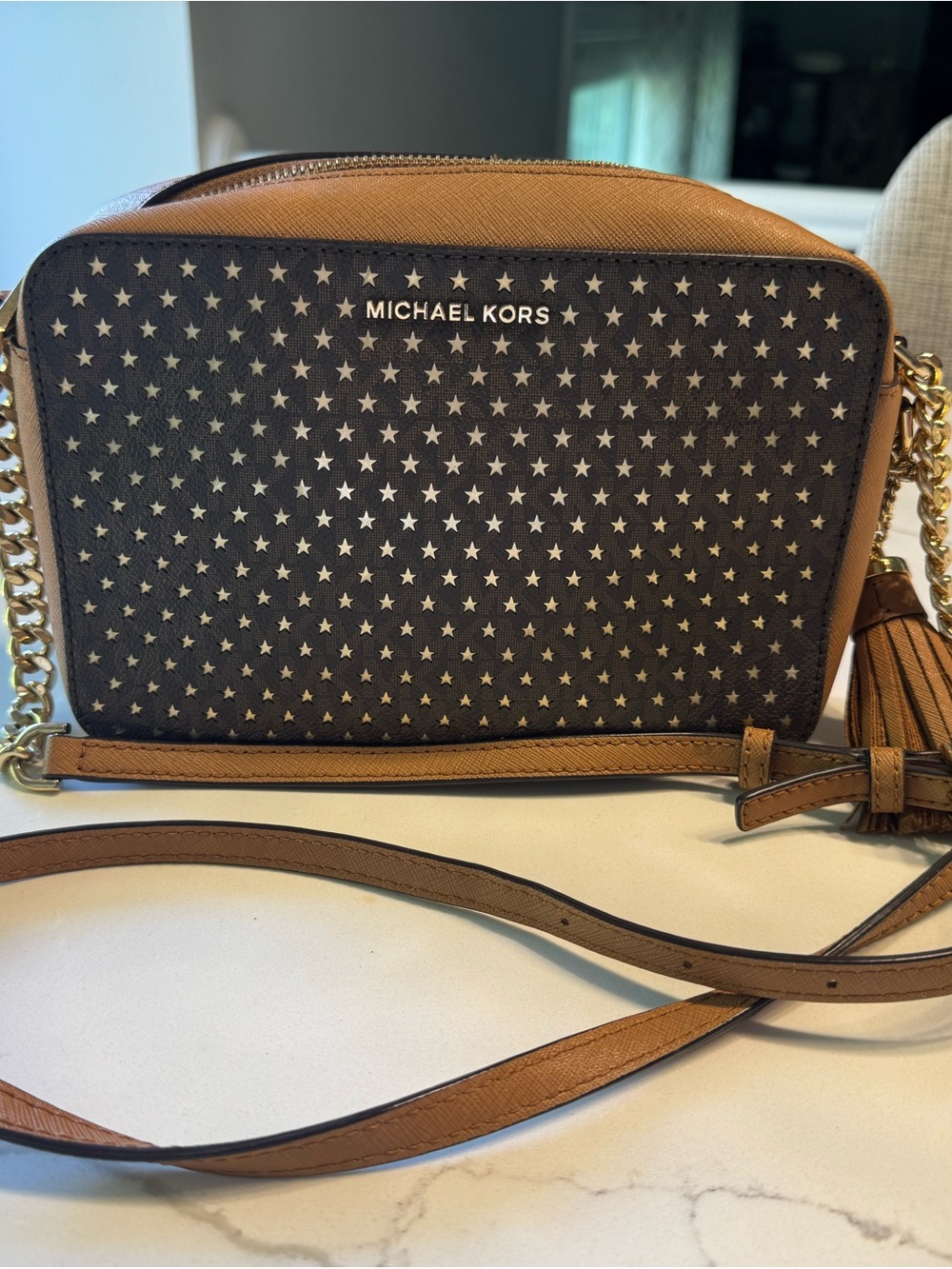 Michael Kors Tan and Dark Brown Star-Print Crossbody Bag